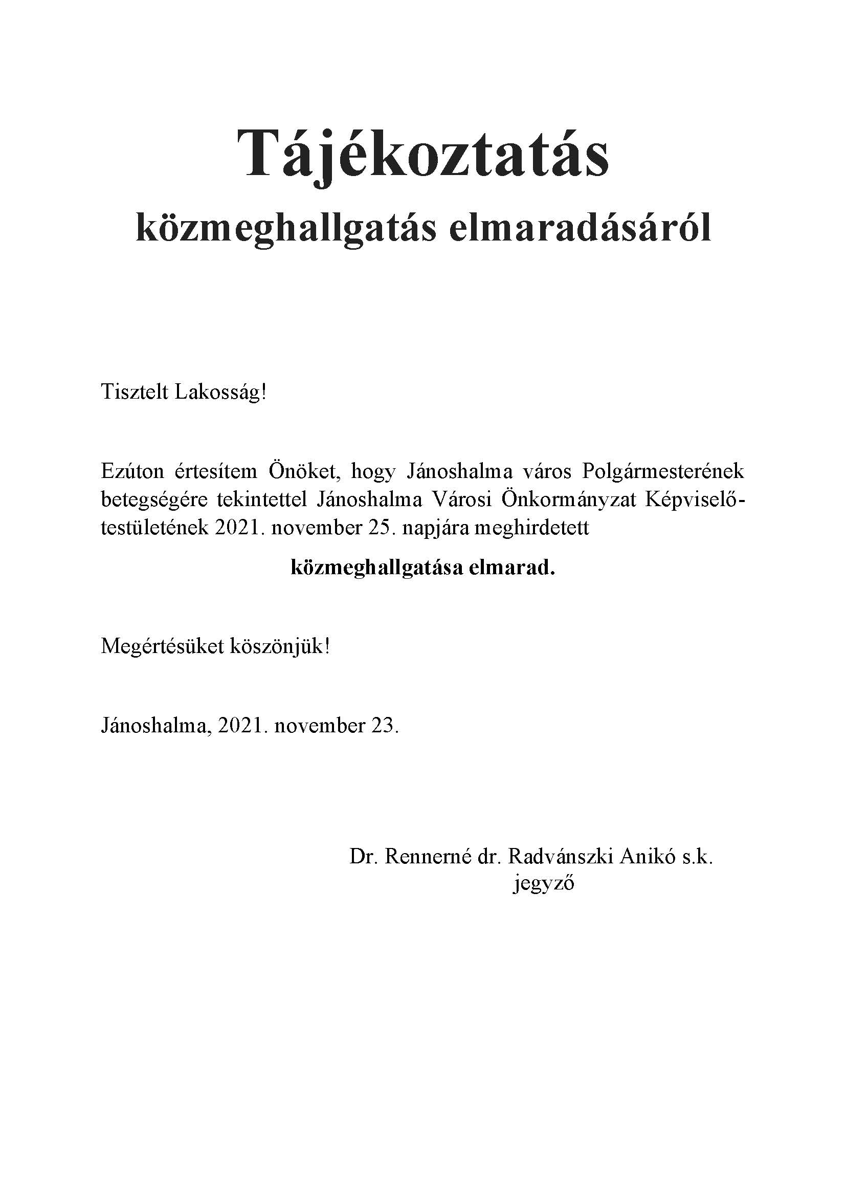 Tájékoztatás  közmeghallgatás elmaradásáról